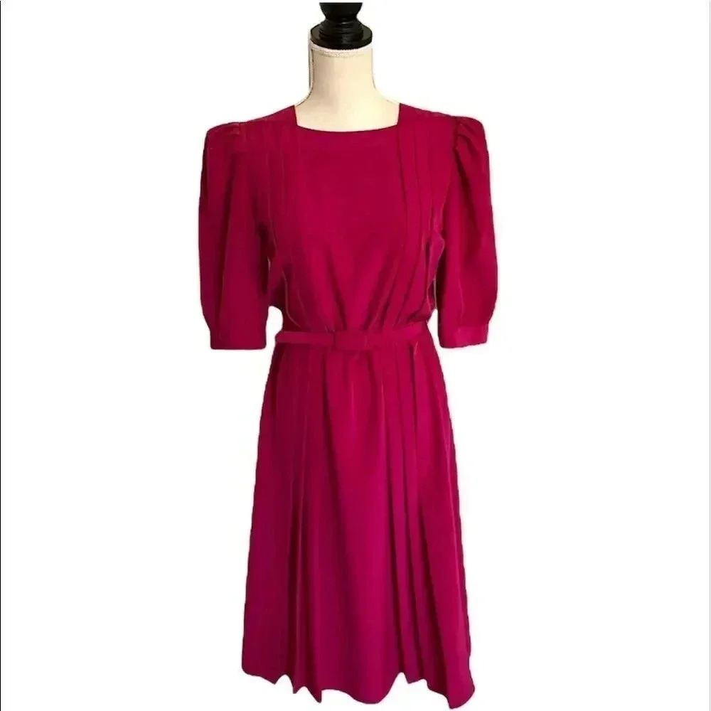 Charlee‎ Allison Vintage 80’s pink puff sleeve pleated dress Small/medium